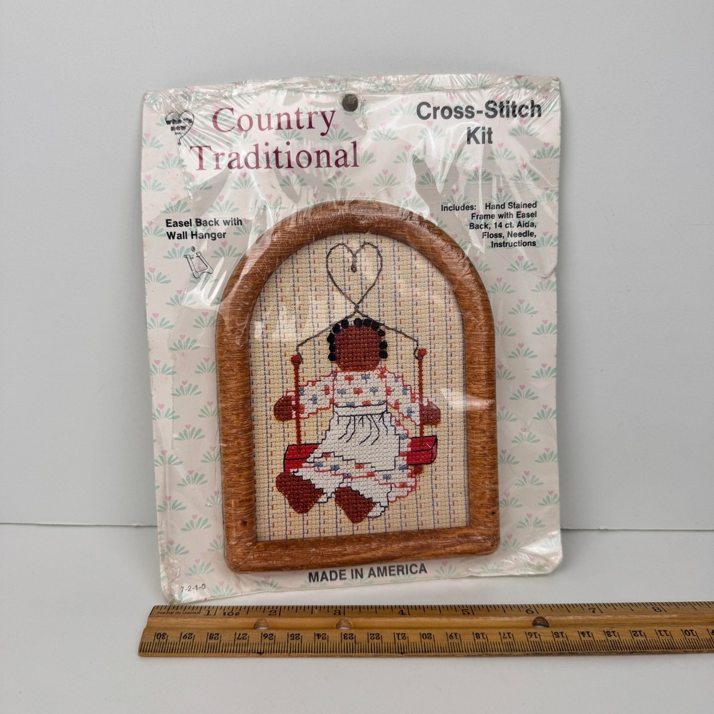 Vtg Country Traditional Cross Stitch Kit Black Brown Girl on Swing Plastic Frame
